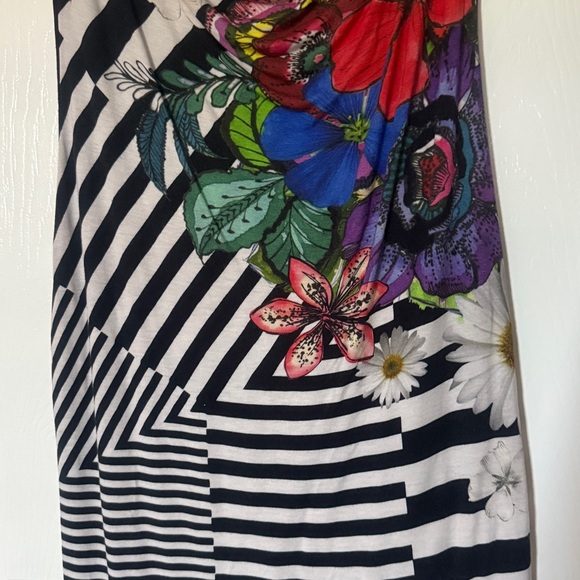 Desigual Black and White Striped Midi Dress with Floral Design - Picture 2 of 6
